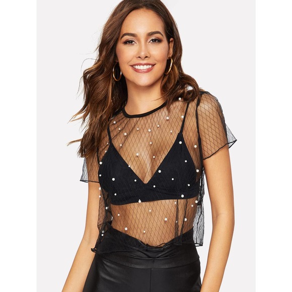 WILA Tops - Faux Pearl Sheer Mesh Diamond Grid Crop Top black